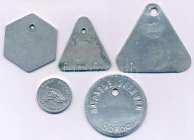 Vegyes 5db-os alumínium emlékérem tétel, közte: "MHV Hanglemezgyár Dorog 0297" + "Áll...