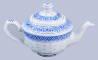 Kínai rizsszem mintás rizsboros készlet, tálcával, kiöntővel, hozzá 6 darab rizsszemes leveses kanál...