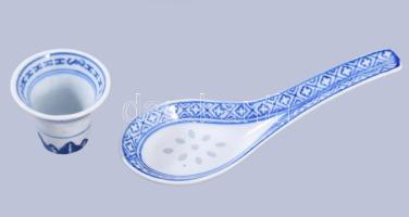 Kínai rizsszem mintás rizsboros készlet, tálcával, kiöntővel, hozzá 6 darab rizsszemes leveses kanál...