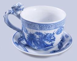 Állatfej díszítéssel jelzett kínai csésze alátéttel, hibátlan, d: 11 cm