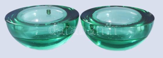 Iittala Finland zöld designer mécsestartó pár, anyagában színezett, címkével jelzett, hibátlan, d: 9 cm