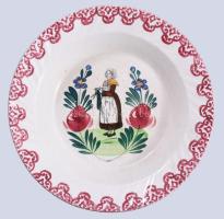Slamand Nord Hamage antik francia fajansz dísztányér, kézzel festett, jelzett, kopott, d: 25,5 cm