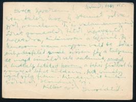 1944 Ámos Imre (1907-1944) festőművész autográf levelezőlapja Anna Margit (1913-1991) festőművésznek, feleségének, a II. világháborús frontról, melyben a katonaélet nehézségeiről számol be, valamint kedvesen felszólítja, hogy vigyázzon magára légiriadónál.