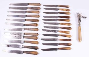 Szarunyelű szervírozó készlet, 12 db nagy kés, 12 db kis kés, csontfogó.