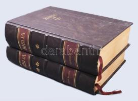 Vizsolyi Biblia. I-II. kötet. Bp., 1990, Helikon. Az 1590-ben Vizsolyban nyomtatott Károlyi-biblia reprint kiadása két kötetben. Kísérőfüzettel. Kiadói dombornyomott, aranyozott, bordázott gerincű műbőr-kötés, kopott borítóval.