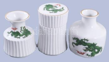 PHG Meissen 2 darab sárkánymintás váza és egy fedeles edény, jelzett, hibátlan, m: 12 cm alatt