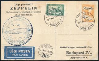 1931 Zeppelin magyarországi körrepülés levelezőlap Zeppelin 1P és Repülő 12f bélyeggel