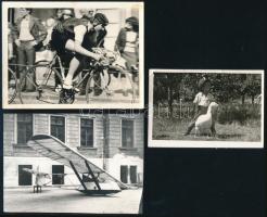 Kerékpáros, repülő, kisfiú libával, 3 db fotó, 6,5×9,5 és 9×11,5 cm között méretekben