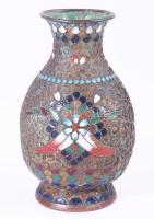 Antik kínai champlevé díszítésű réz váza, m: 9 cm