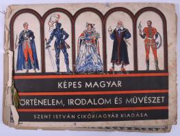 Képes magyar történelem, irodalom és művészet. Szent István cikóriagyár kiadása. Gyűjtőkép füzet, néhány beragasztott kártyával, borítékban mellékelt kártyákkal, széteső állapotban