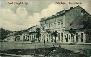 Nagykároly, Carei; Egyesülési tér, Egeli J. üzlete. Taub kiadása / Piata Unirei / square, shops + "1940 Nagykároly visszatért" So. Stpl.