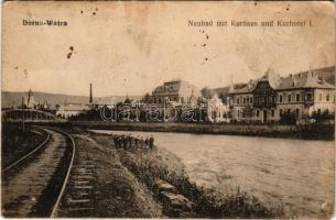 Vatra Dornei, Dornavátra, Bad Dorna-Watra (Bukovina, Bucovina, Bukowina); Neubad mit Kurhaus und Kurhotel I. Verlag Eisig Schäfer/ spa, bath and hotel, railway line, bridge (Rb)