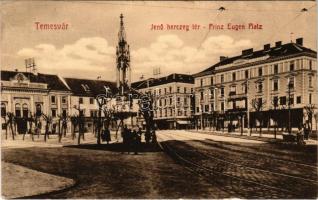 1913 Temesvár, Timisoara; Jenő herceg tér, Takarékpénztár, Rukavina emlékmű, villamospálya / square, savings bank, monument, tram track (kis szakadás / small tear)