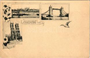 London, Tower, Tower Bridge, Westminster Abbey. Art Nouveau, floral (13 x 8,5 cm) (EB)
