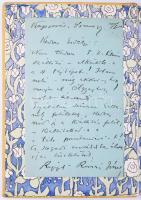 Rippl-Rónai József emlékezései aláírt kötet, hozzá két eredeti jelzett ceruzarajzzal és két levéllel a művésztől! Bp., 1911. Nyugat. 159p.+21t.+2 mell. (kétleveles hasonmások) Számozott (137./200), aláírt példány. A kötetben több, a művészhez köthető autográf levél és rajz található: A hátsó előzék első oldalára egy kettőbe hajtott lapot ragasztottak (egy papírcsíkkal), amelyen két eredeti rajz szerepel. Az első oldalon egy ismeretlen férfi portréja, a kihajtható részen pedig két fiú egészalakos képét ábrázoló, feltehetően Kaposváron készült ceruzarajz látható, Horváth Jóska és Czigli Ferencz feliratokkal. Az utóbbi alatt Rippl-Rónai évszámmal ellátott szignója, mely szerint a rajzok az 1880-as évek második felében készülhettek. E lap mögé ragasztottak egy kártyát, amelyre Rippl-Rónai Ödön, a festőművész öccse írt néhány sort egy 1907 augusztusi, fiumei estély emlékére. Ő volt a művész egyik legkorábbi támogatója, majd gyűjtője (1903-tól 1909-ig vasutas vezető tisztként Fiuméban teljesített szolgálatot). Az első kötéstáblára beragasztva Rippl-Rónai egyoldalas, autográf levele "Kedves Erdélyi!" megszólítással. A baráti hangú, évszám nélküli levélben egy kiállításról, illetve egy "H tájkép" és egy "téte printaniére" megnevezésű festményről esik szó. Megemlít egy Olgyay nevű személyt, feltehetően Olgyay Ferenc festőművészről van szó. A címzett talán Erdélyi Zoltán író lehetett. 1 beírt oldal. Kiadói félpergamen-kötésben. Becses gyűjtői ritkaság!
