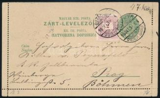 1896 3kr díjjegyes zárt levelezőlap 2kr bélyeggel kiegészítve "ESZÉK-VÁR / OSIEK GRAD" - Prága