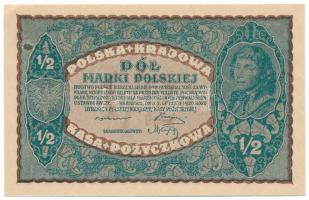 Lengyelország 1920. 1/2M T:XF sarokhajlás, folt Poland 1920. 1/2 Marek C:XF corner fold, spotted Krause P#30