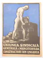 ca 1918 Bíró Mihály: [Magyarországi Építőmunkások Szakszervezetének grafikus, illusztrált kiadványa.] Uniunea Sindicală Generală a Muncitoriloa Constructori din Ungaria. (Budapest): Világosság-Nyomda Rt. (ca. 1918-19). Magyarországi Szociáldemokrata Párt. 12p. Ebből 11 oldalon Bíró Mihály (1886-1948) jelzett litográfiái, az őszirózsás forradalom és a tanácsköztársaság emblematikus plakátjait tervező grafikus munkáséletet és küldelemket bemutató darabjai. 24x18 cm Román nyelvű kísérő szöveggel, a Budapesten román származású munkásság megnyerésére. Rendkívül ritka, aukción eddig még nem szerepelt, szakirodalomban nem ismert kiadvány.