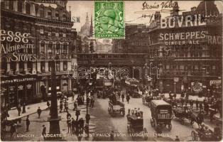 1913 London, Ludgate Hill and St. Paul's Cathedral from Ludgate Circus, double-decker bus, market, advertisements. TCV card (crease)