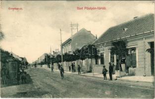 1914 Pöstyén, Piestany; Erzsébet út, üzlet, infanterista. W.J. 24. / street view, shop, spa carriage (EK)
