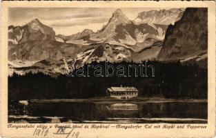 1916 Tátra, Magas-Tátra, Vysoké Tatry; Menguszfalvi-völgy a Poprádi tóval és Kopkival. Polnisch Aladár kiadása / Mengsdorfer Tal mit Kopki und Poppersee / valley, lake, mountains (Rb)