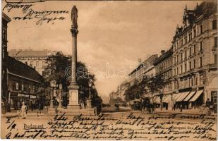 1905 Budapest VIII. Kerepesi út, Budapesti Napló szerkesztősége és kiadóhivatal (ma Rákóczi út 25.), villamos, Immaculata szobor, üzletek. Szénásy kiadása (EK)