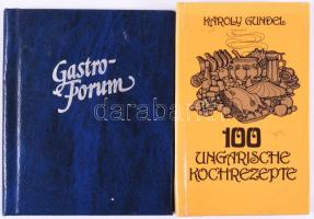 Gastro-Forum. Szerk.: Csizmadia, László. [Bp],1985.,Pannonia. Német nyelvű minikönyv, receptekkel. Kiadói műbőr-kötés. + Gundel, Károly: 100 ungarische Kochrezepte. Bp., 1985, Corvina. Kiadói kartonált kötés, jó állapotban.