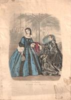 [Metszet] Le Salon. Kézzel színezett acélmetszet a "Moniteur des Modes Parisiennes" francia divatlapból (1861 körül). Paris, [1861. Nyomda nélkül]. Kézzel színezett acélmetszet, mérete: 210x160 mm egy 290x205 mm méretű lapon. Divatképünk a gombamód szaporodó párizsi divatlapok egyikének, a "Moniteur des Modes Parisinnes" című periodikának melléklete. Acélmetszetű illusztrációnk két modellje az Eugénia francia császárné által az 1850-es években divatba hozott krinolinszoknyás, fényes atlaszszövetből és selyemből készült ruhakölteményt viseli, a rajzoló leleménye szerint üvegházi környezetben. Divatlapunk jobb alsó sarkán foltosság és kisebb elszíneződés. Enyhén sérült, korának megfelelő állapotú lap.