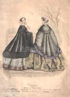 [Metszet] Kézzel színezett, acélmetszetű divatkép a bécsi "Elegante Wiener und Pariser-Moden" című divatlapból. Pospischil osztrák grafikus műve. (1861). Wien, 1861. Druck von Soukup. Kézzel színezett acélmetszet, mérete: 260x190 mm egy 290x210 mm méretű lapon. Divatképünk a legújabb párizsi és bécsi divatot bemutató osztrák divatlap kézzel színezett melléklete. Acélmetszetű illusztrációnk két női modellje az Eugénia francia császárné által az 1850-es években divatba hozott krinolinszoknyás, fényes atlaszszövetből és selyemből készült ruhakölteményt viseli, mely az 1860-as évek végéig divatban volt. A legfrissebb tavaszi utcai divat főkötő, terjedelmes nyakcsokor viselését is megkívánta, a súlyos, földig éri kosztüm fölött még súlyosabb köpeny viselendő grafikánk sugalmazása szerint. A háttérben parkrészlet. Az illusztráció alatt az összeállítás kesztyű-, kalap- és köpeny-beszállítójának feltüntetése. Divatképünk lapszélein kisebb foltosság, apró sérülések. Enyhén sérült, korának megfelelő állapotú lap.