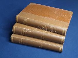 Kazinczy Ferenc: Kazinczy Ferencz levelezése. Közzéteszi Váczy János. I-III. kötet. [Három kötetben.] Budapest, 1890-1892. Magyar Tudományos Akadémia (Hornyászky Viktor ny. - Athenaeum ny.) XVI + 618 + [2] p.; [2] + XXXII + 626 + [2] p.; XVIII + 574 + [2] p. Kazinczy Ferenc (1759-1831) költő, műfordító, szerkesztő, levelező, a magyar nyelvújítás és kultúraszervezés kulcsfigurája. Döntő részben magyar nyelven írt levelezésében nyelvújítási, műfordítási, poétikai, sajtószervezési és színházi kérdésekben egyaránt véleményt mond. Szerzőnk levélkapcsolatban állt testőrírókkal, arisztokratákkal, papköltőkkel és szabadkőművesekkel, nyelvújítókkal és műfordítókkal, neves költőkkel és egyetemi tanárokkal: Bessenyei Györggyel, Orczy Lőrinccel, Ráday Gedeonnal és Ráday Pállal. Aranka Györggyel, Révai Miklóssal, Virág Benedekkel, Édes Gergellyel, Baróti Szabó Dáviddal, Pálóczi Horváth Ádámmal, Kis Jánossal, Csokonai Vitéz Mihállyal és Schedius Lajossal. Három kötetünk Kazinczy 1763-1789, 1790-1802 és 1803-1805 közötti levelezését adja közre. A második kötet egy jól meghatározott időszakában, 1794 decemberétől 1801 júniusáig igen kevés levél keletkezett, ebben az időben ugyanis a szabadkőműves-jakobinus társaságba keveredő Kazinczy kirótt börtönbüntetését töltötte, melyből kikerülve újult erővel kezdett feladatába, a magyar nyelv és kultúra újjáépítésébe. Kazinczy teljes levelezésének közreadása 23 kötetet ölel fel, kiadásuk 1960-ig elhúzódott. Néhány oldalon aláhúzások, széljegyzetek. (Kazinczy Ferenc összes művei. III. osztály, 1-3. kötet.) Egységes, aranyozott gerincű korabeli félvászon kötésben, az eredeti első borítók bekötve. Jó példány.
