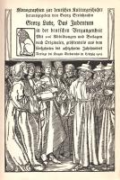 Liebe, Georg:  Das Judentum in der deutschen Vergangenheit. Mit 106 Abbildungen und Beilagen. [Lipcse] Leipzig, 1903. Verlegt bei Eugen Diederichs (Gedruckt in der Offizin W. Drugulin). [128] p. + 1 t. Első kiadás. Szövegközti illusztrációkkal rendkívül gazdagon illusztrált, bibliofil kötetünk az 1899-1909 között tizenkét kötetben megjelent, illusztrált művelődéstörténet, a "Monographien zur deutschen Kulturgeschichte" című sorozat önmagában is megálló része. A sorozat valamennyi kötete egy-egy társadalmi réteg történetét tekinti át, a németországi katonaság, nemesség, kézművesség, parasztság és a németországi gyermeklét társadalomtörténetének áttekintése után kötetünk a sokáig gettóban élő németországi zsidóság történetével foglalkozik. Kötetünk rajzai 15-18. századi népkönyvekből származnak, nyitóképét Robert Engels (1866-1926) grafikusművész készítette. (Monographien zur deutschen Kulturgeschichte. Band XI.) Aranyozott, illusztrált kiadói vászonkötésben, felül aranyozott festésű lapszélekkel. Szép példány.