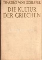 Scheffer, Thassilo von: Die Kultur der Griechen. Grosse Illustrierte Ausgabe. [Bécs] (Wien, 1935). Phaidon-Verlag (Druck der Offizin Haag-Drugulin Verlag, Leipzig). 646 + [2] p. Első kiadás. Thassilo von Scheffer (1873-1951) német klasszika-filológus, műfordító, ismeretterjesztő író. Kultúrtörténeti monográfiája az ókori görög civilizációval foglalkozik, a krétai, mükénéi időktől a klasszikus athéni demokrácia idejéig. A 417-624. oldal között képmelléklet, a görög szobrászati ízlés és formakincs változásaival. Aranyozott kiadói egészvászon kötésben. Jó példány.