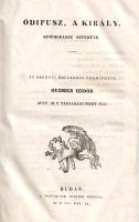 Szophoklész - Euripidész:  Hellen classicusok magyar fordításokban. Első kötet: Ödipusz, a király. Iphigeneia Auliszban. Az eredeti hellenből fordította Guzmics Izidor. Budán, 1840. Kiadja a Magyar Tudós Társaság. A Magyar Kir. Egyetem betűivel. 204 + [2] p. Első magyar kiadás. Guzmics Izidor (1786-1839) bencés szerzetes, műfordító, a reformkori művelődés szervezője. A magyar drámai műnyelv fejlődése érdekében az eredeti műveken írásán kívül műfordítások létrehozását is szorgalmazta. A Magyar Tudós Társaság tagjává választott bakonybéli apát elsőként ültette magyar nyelvre Szophoklész Oidipusz királyát, illetve Euripidész Iphigeneia Auliszban című tragédiáját. A fordítások posztumusz jelentek meg, a Magyar Tudós Társaság velük kezdte meg ógörög szövegkiadásait. A drámaszövegek után függelék, mely a tárgyi magyarázatokon kívül cselekményismertetést is tartalmaz. A címlapon régi tulajdonosi bejegyzés. Gazda-Horváth J. 22., 43. old. (Hellen classicusok. 1. kötet.) XIX. század végén készült vaknyomásos egészvászon kötésben, márványmintás festésű lapszélekkel. Jó példány.