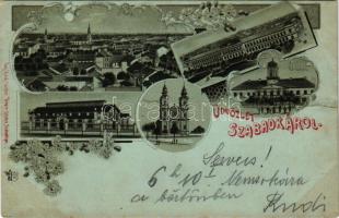 1898 Szabadka, Subotica; városháza, törvényszéki palota, templom, vasútállomás. Víg Zsig. Sándor kiadása / town hall, church, court palace, railway station. O.Z.M. Art Nouveau, floral, litho (r)