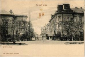 Szabadka, Subotica; Kossuth Lajos utca, park, villamos. Víg Zsigmond Sándor kiadása / street, park, tram (fl)