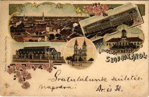 1899 Szabadka, Subotica; városháza, törvényszéki palota, templom, vasútállomás. Víg Zsig. Sándor kiadása / town hall, church, court palace, railway station. O.Z.M. Art Nouveau, floral, litho (fa)