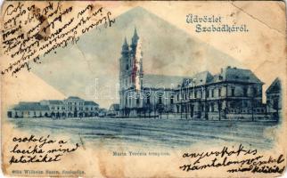 1899 Szabadka, Subotica; Mária Terézia templom, tér, üzletek. Wilheim Samu kiadása 6834. / church, square, shops (b)