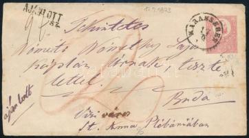 1873 5kr díjjegyes borítés Réznyomat 10kr díjkiegészítéssel ajánlott levélként "KARANSEBES" - "BUDA-OFEN"