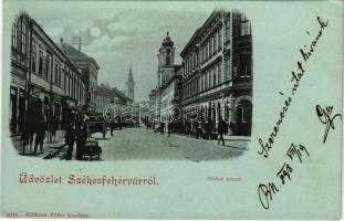 1898 Székesfehérvár, Nádor utca este holdfényben, Schwarcz Soma Társa, Horowitz Lipót üzlete, Café E...