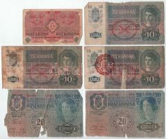 1913. 20K II. kiadás (2x) + 1915. 10K (3x, egyik piros "MAGYARORSZÁG" felülbélyegzéssel) + 1916. 1K T:VG-G