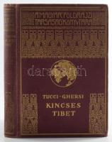 [Tucci, Giuseppe (1894-1984) - Ghersi, Emanuele] G. Tucci-E. Ghersi: Kincses Tibet. Az 1933. évi Tucci-féle nyugat-tibeti tudományos kutatóút krónikája. Ford.: Révay József. Magyar Földrajzi Társaság Könyvtára. Bp.,[1937], Franklin,181 p. + 28 (fekete-fehér képtáblák) t. Egészoldalas fekete-fehér fotókkal illusztrált. Egyetlen magyar kiadás. Beszámoló Giuseppe Tucci (1894-1984) olasz orientalista, indológus, tibetológus 1933. évi nyugat-tibeti kutatóútjáról. A beszámoló az úti kalandokon kívül elsősorban a tibeti élet különösségére és a buddhista szertartások furcsaságaira koncentrál.  Kiadói dúsan aranyozott egészvászon sorozatkötésben, kopott borítóval.