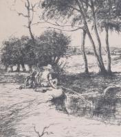 Komjáti-Wanyerka Gyula (1894-1958): Pecázók. Rézkarc, papír, jelzett. Üvegezett fakeretben, 25×18,5 ...