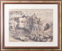 Imre István (1918 - 1983): Folyóparton. Színezett rézkarc, papír, jelzett (paszpartu által takarva), 28,5×39 cm. Üvegezett fakeretben