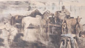 Imre István (1918 - 1983): Folyóparton. Színezett rézkarc, papír, jelzett (paszpartu által takarva),...