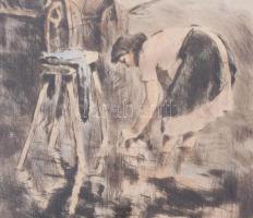 Imre István (1918 - 1983): Folyóparton. Színezett rézkarc, papír, jelzett (paszpartu által takarva),...