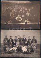 cca 1920-1930 Csoportképek, az egyiken színjátszó társulat, 2 db fotó, a hátoldalon ragasztás nyomaival, 11,5x17 cm
