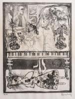 Kondor Lajos (1926-2006): Szürrealista kompozíció (cím nélkül). Rézkarc, papír, jelzett, számozott (30/50), lap széle kissé foltos, 25,5×19 cm