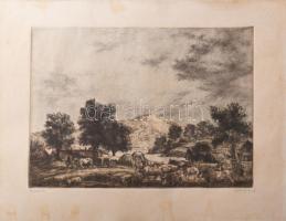 Görög Rezső (1930-?): Dunai táj. Rézkarc, papír, jelzett, lap széle kissé foltos, 28,5×39 cm