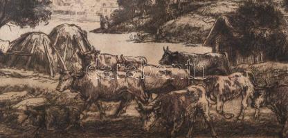 Görög Rezső (1930-?): Dunai táj. Rézkarc, papír, jelzett, lap széle kissé foltos, 28,5×39 cm