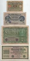 Vegyes, német, 7db-os bankjegytétel, közte: 1908-1923. 1M + 5M + 50M + 100M + 1000M + 100.000M T:VF-VG Mixed, German 7pcs banknote lot, within: 1908-1923. 1 Mark + 5 Mark + 50 Mark + 100 Mark + 1000 Mark + 100.000 Mark C:VF-VG